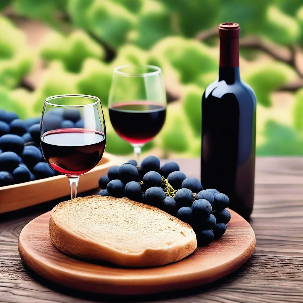 Una imagen de copitas de vino tinto y pan de trigo colocados en una mesa de madera, rodeados de uvas frescas en un ambiente limpio