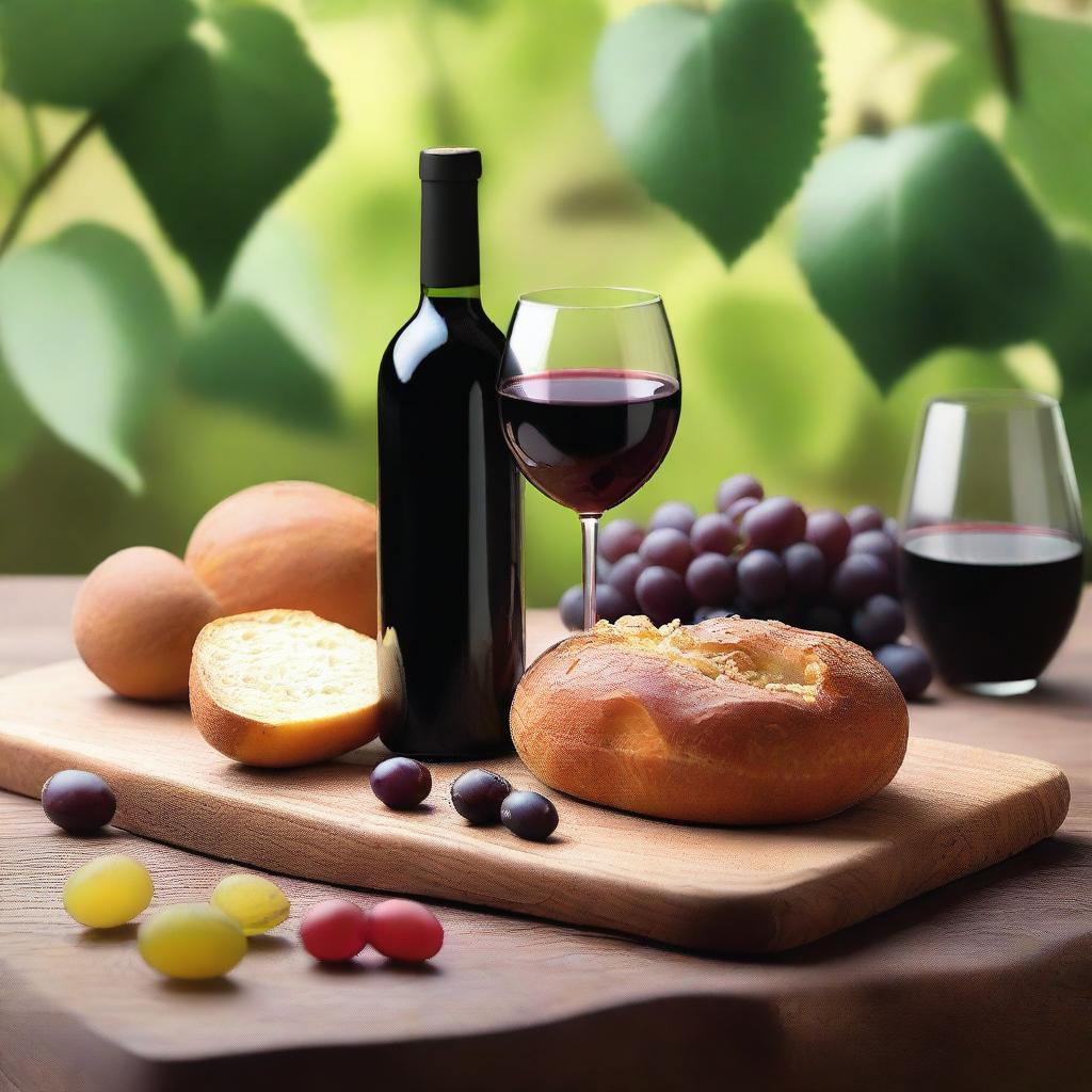 Una imagen de copitas de vino tinto y pan de trigo colocados en una mesa de madera, rodeados de uvas frescas en un ambiente limpio