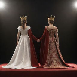 A 3D rendering of a king and queen standing back-to-back on a grand stage. They exhibit regal attire and crowns, their backs creating the image of supreme royalty under the spotlight.