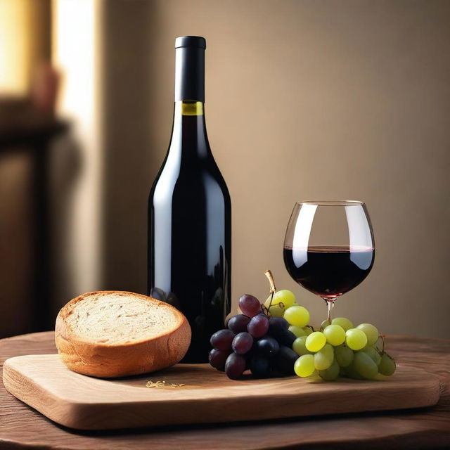 Una imagen hiperrealista de copitas de vino tinto y pan de trigo a un lado, colocados en una mesa de madera, rodeados de uvas frescas en un ambiente limpio