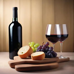 Una imagen hiperrealista de copitas de vino tinto y pan de trigo a un lado, colocados en una mesa de madera, rodeados de uvas frescas en un ambiente limpio