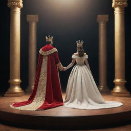 A 3D rendering of a king and queen standing back-to-back on a grand stage. They exhibit regal attire and crowns, their backs creating the image of supreme royalty under the spotlight.