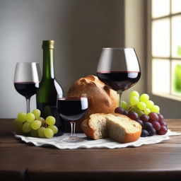 Una imagen hiperrealista de copitas de vino tinto y pan de trigo a un lado, colocados en una mesa de madera, rodeados de uvas frescas en un ambiente limpio, sin ninguna botella de vino visible