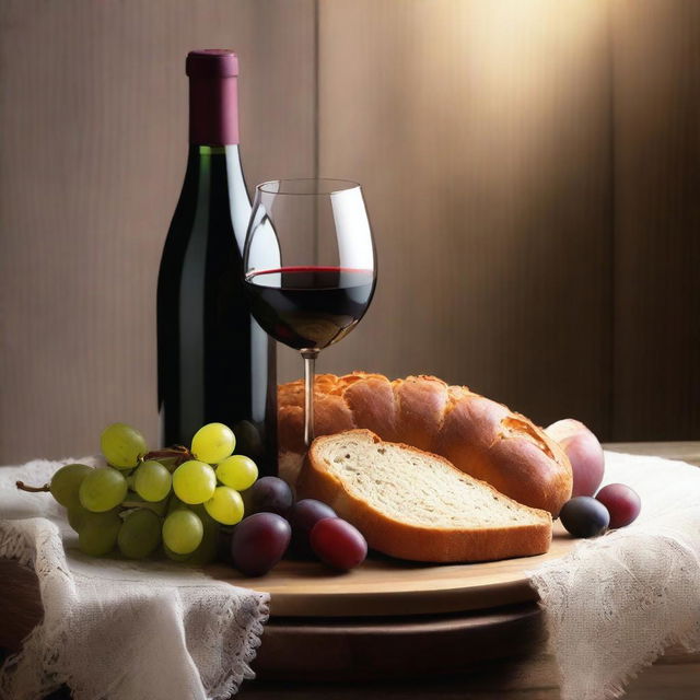 Una imagen hiperrealista de copitas de vino tinto y pan de trigo a un lado, colocados en una mesa de madera, rodeados de uvas frescas en un ambiente limpio, sin ninguna botella de vino visible