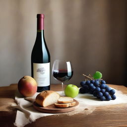 Una imagen hiperrealista de copitas de vino tinto y pan de trigo sin levadura a un lado, colocados sobre una mesa de madera con un mantel de lino, rodeados de uvas frescas