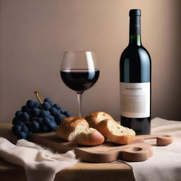 Una imagen hiperrealista de copitas de vino tinto y pan de trigo sin levadura a un lado, colocados sobre una mesa de madera con un mantel de lino, rodeados de uvas frescas