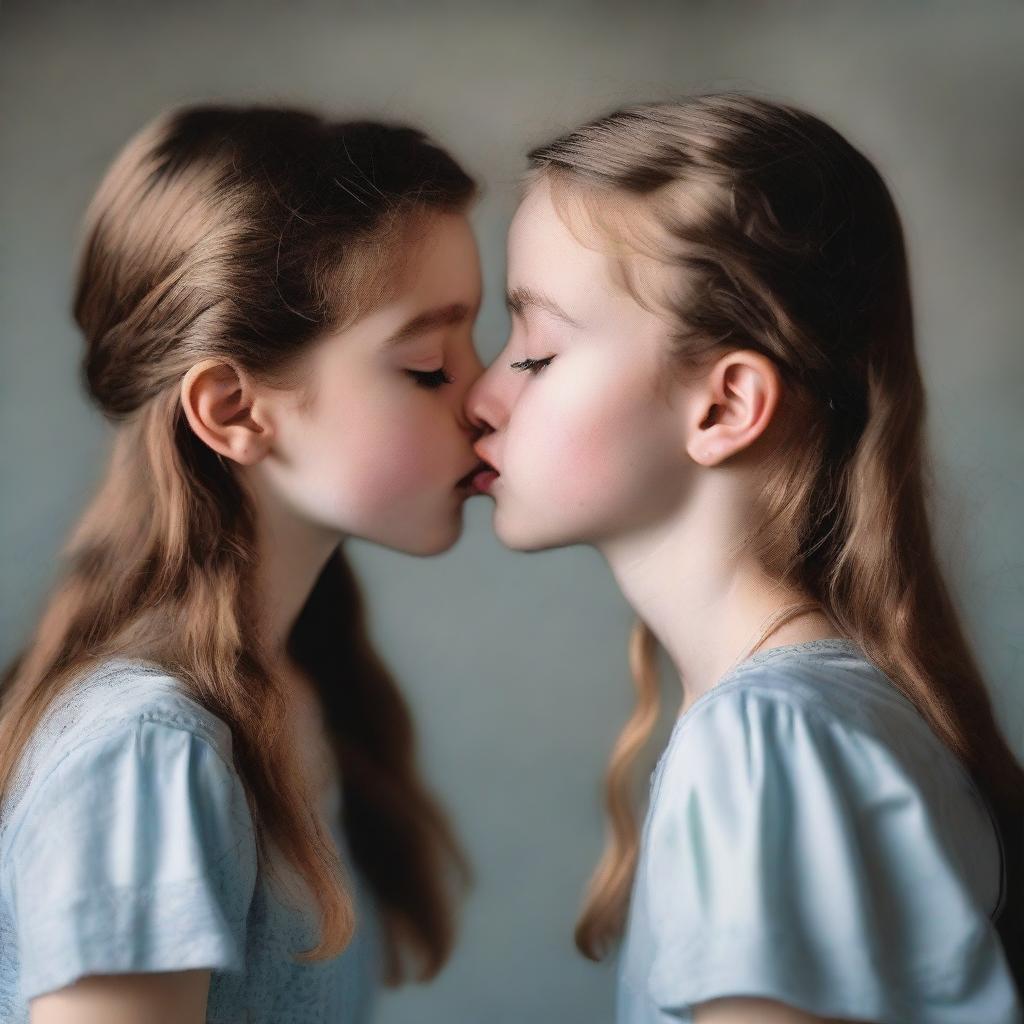 A realistic portrait of two girls kissing