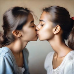 A realistic portrait of two girls kissing