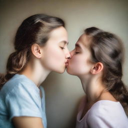 A realistic portrait of two girls kissing