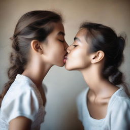 A realistic portrait of two girls kissing