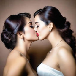 A realistic portrait of two adult girls with big cleavage, sharing a kiss