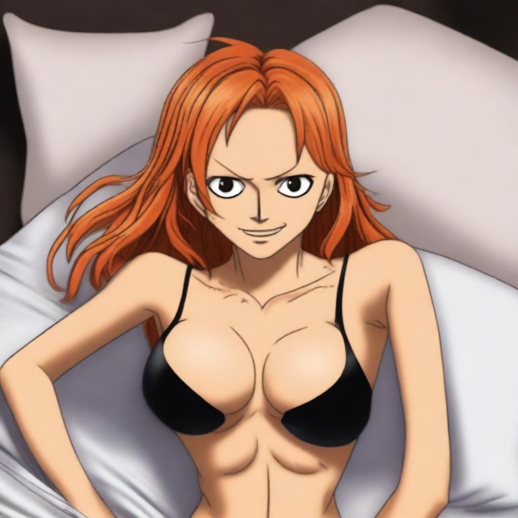 A realistic portrait of Nami from One Piece, laying on a bed and wearing a black bra