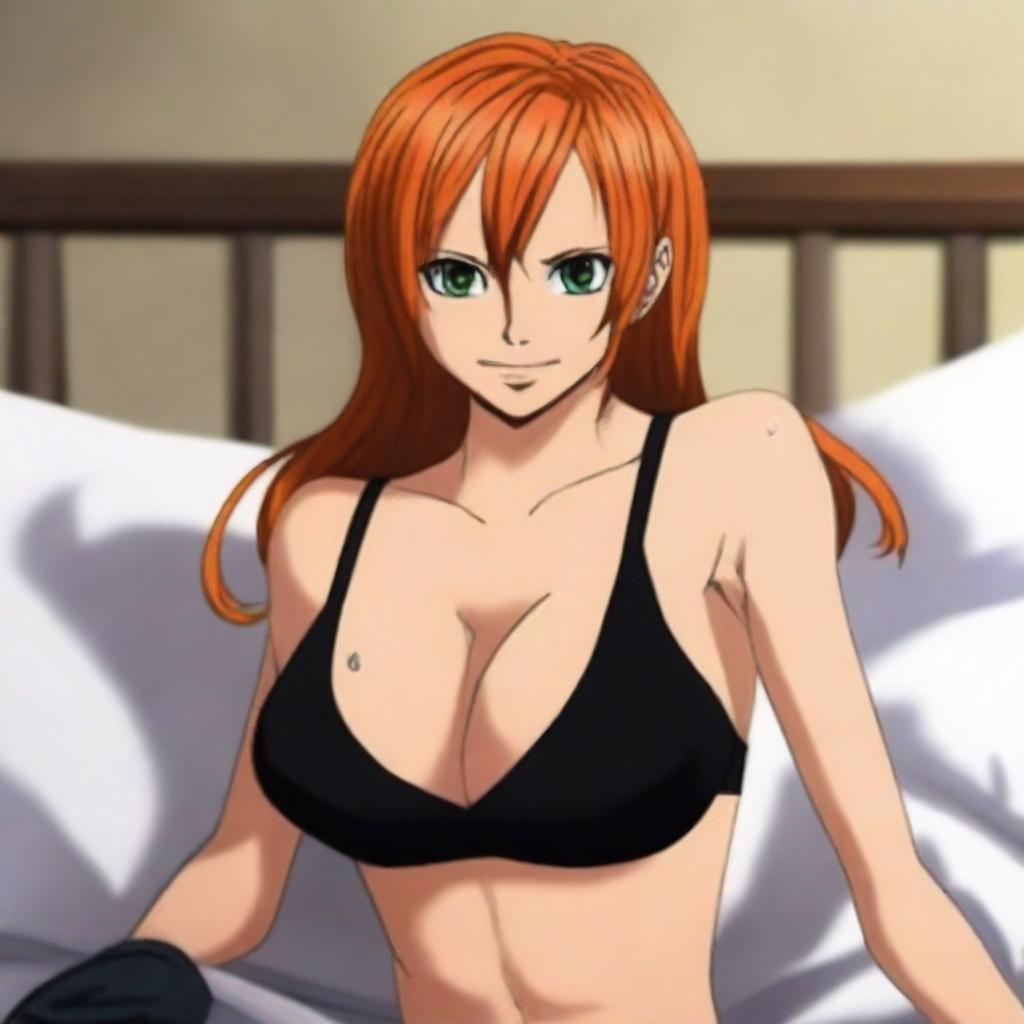 A realistic portrait of Nami from One Piece, laying on a bed and wearing a black bra