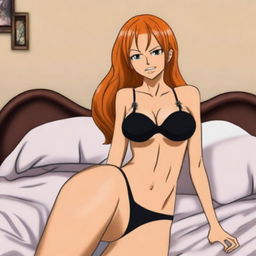 A realistic portrait of Nami from One Piece, laying on a bed and wearing a black bra