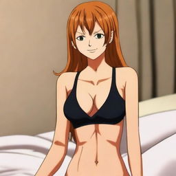 A realistic portrait of Nami from One Piece, laying on a bed and wearing a black bra