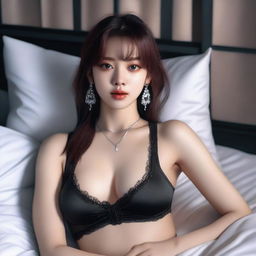 A realistic portrait of Lisa from BLACKPINK, laying in bed wearing a black bra