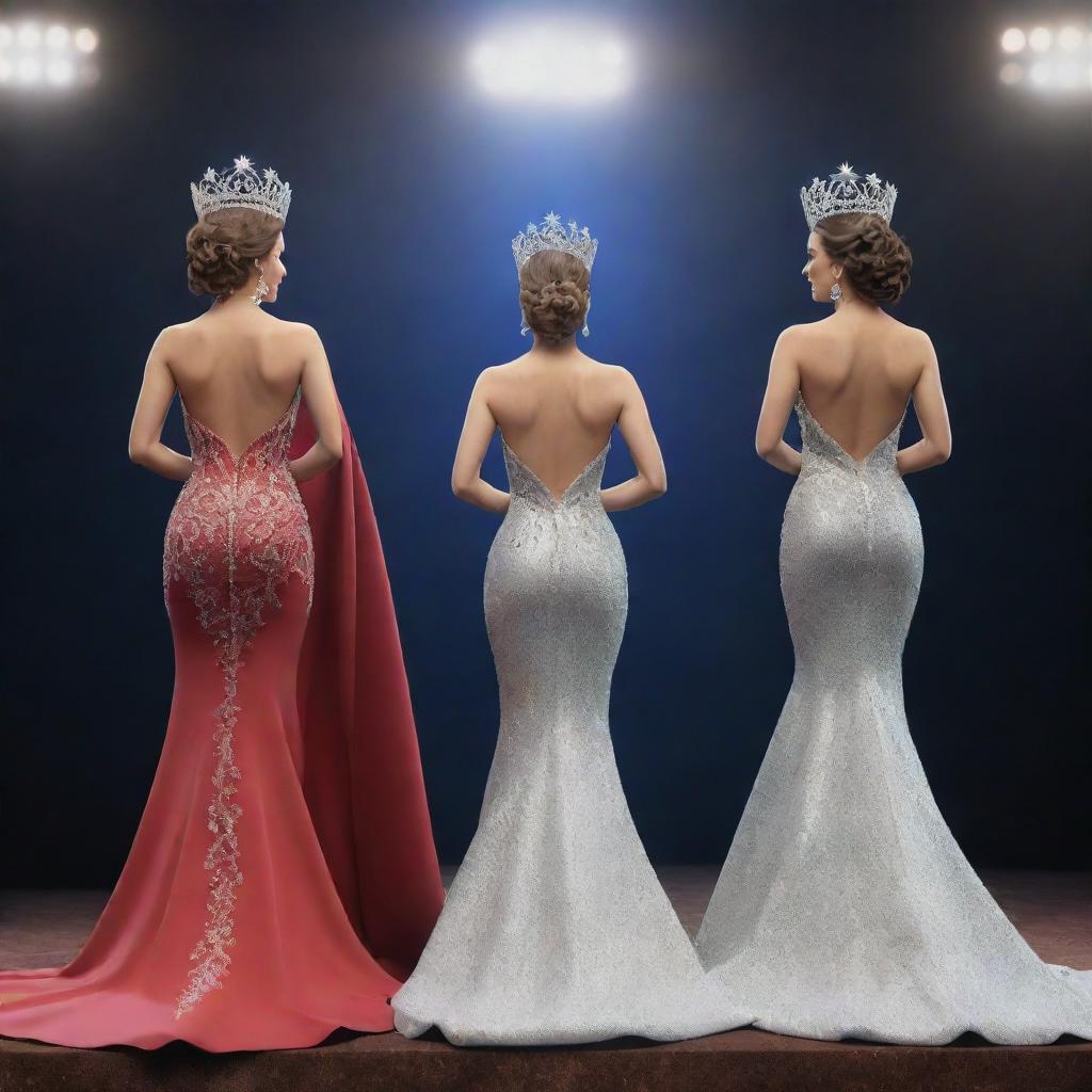 A 3D rendering of Mr. and Ms. Pageant winners standing back-to-back on a grand stage. They exude elegance in their elaborate attire, their backs depicting the picture of ultimate victory.