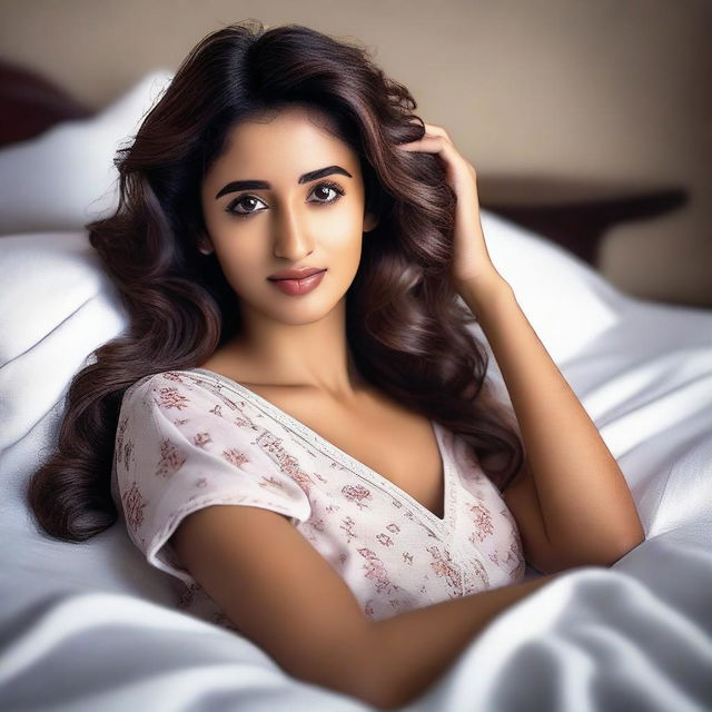 A realistic portrait of Disha Patani, the Indian actress, lying in bed