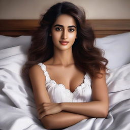 A realistic portrait of Disha Patani, the Indian actress, lying in bed