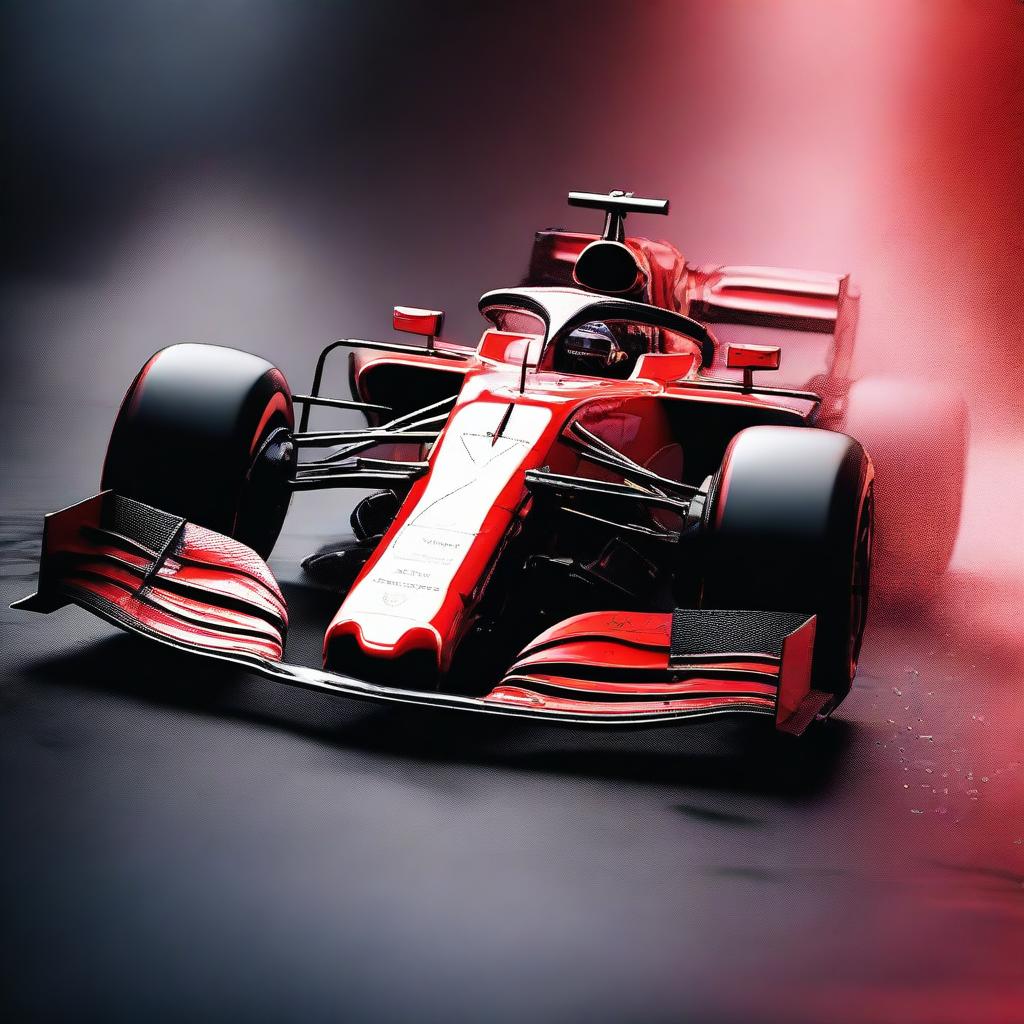 A red Formula 1 car covered with shining diamonds, sparkling under the light