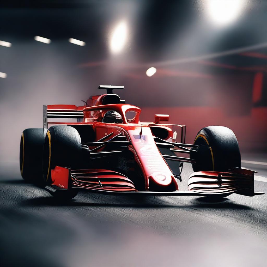 A red Formula 1 car covered with shining diamonds, sparkling under the light