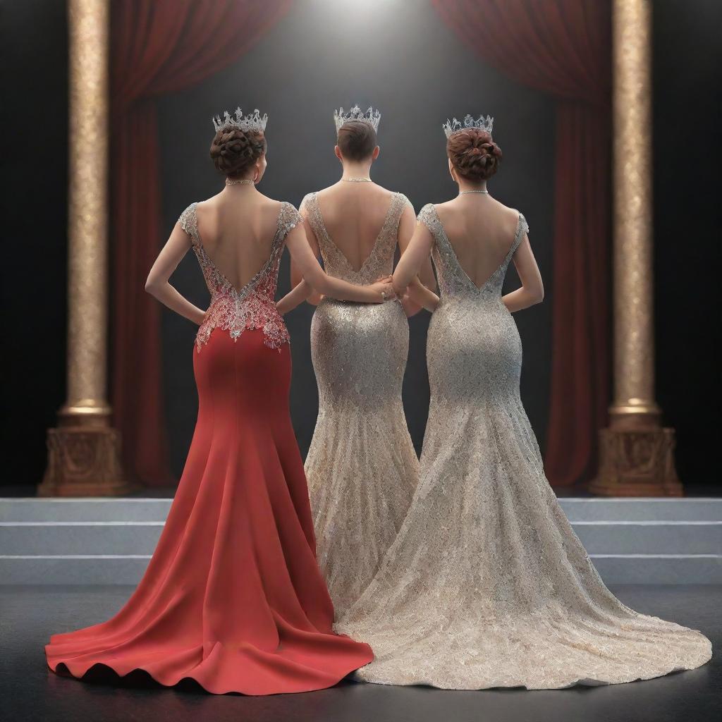 A 3D rendering of Mr. and Ms. Pageant winners standing back-to-back on a grand stage. They exude elegance in their elaborate attire, their backs depicting the picture of ultimate victory.