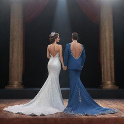 A 3D rendering of Mr. and Ms. Pageant winners standing back-to-back on a grand stage. They exude elegance in their elaborate attire, their backs depicting the picture of ultimate victory.