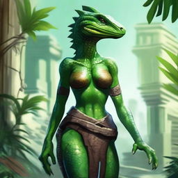 Create an image of a green female Lizardfolk character