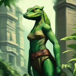 Create an image of a green female Lizardfolk character