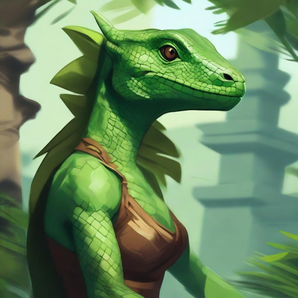 Create an image of a green female Lizardfolk character