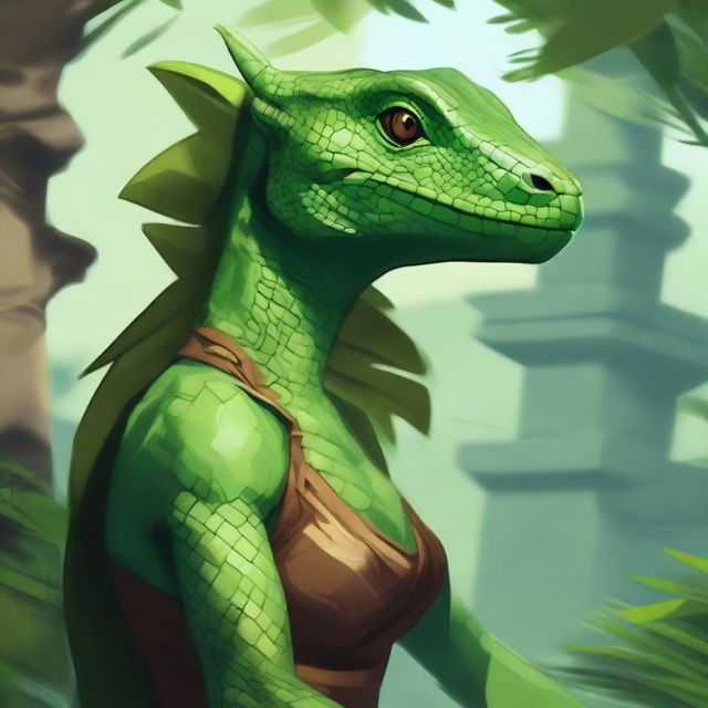 Create an image of a green female Lizardfolk character