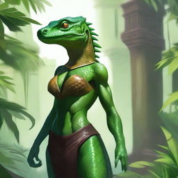 Create an image of a green female Lizardfolk character