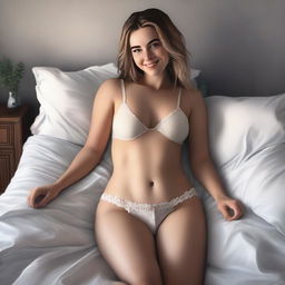 A realistic portrait of singer Maddison lying in bed, with her full legs visible