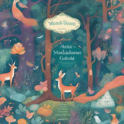 A beautifully illustrated book cover featuring an enchanting forest with mystical creatures, vibrant colors, and intricate details