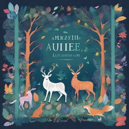 A beautifully illustrated book cover featuring an enchanting forest with mystical creatures, vibrant colors, and intricate details