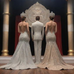 A 3D rendering of Mr. and Ms. Pageant winners standing back-to-back on a grand stage. They exude elegance in their elaborate attire, their backs depicting the picture of ultimate victory.