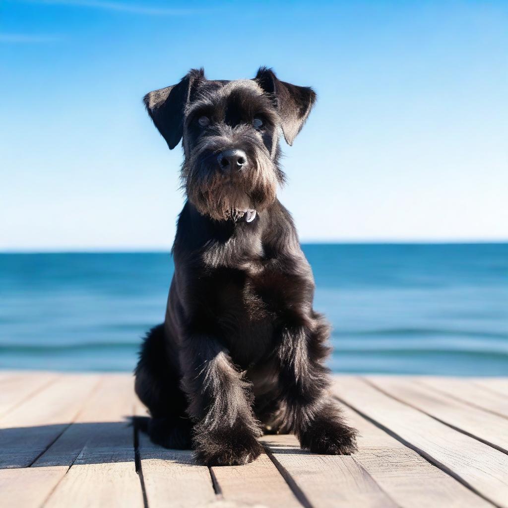 A portrait of a black mini schnauzer dog sitting on a wooden deck overlooking a serene ocean