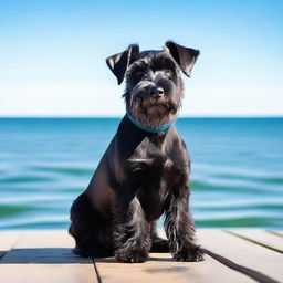 A portrait of a black mini schnauzer dog sitting on a wooden deck overlooking a serene ocean