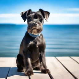 A portrait of a black mini schnauzer dog sitting on a wooden deck overlooking a serene ocean