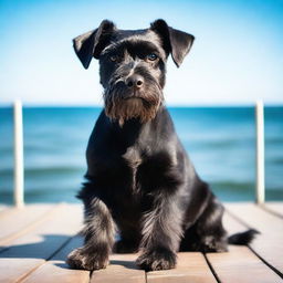 A portrait of a black mini schnauzer dog sitting on a wooden deck overlooking a serene ocean