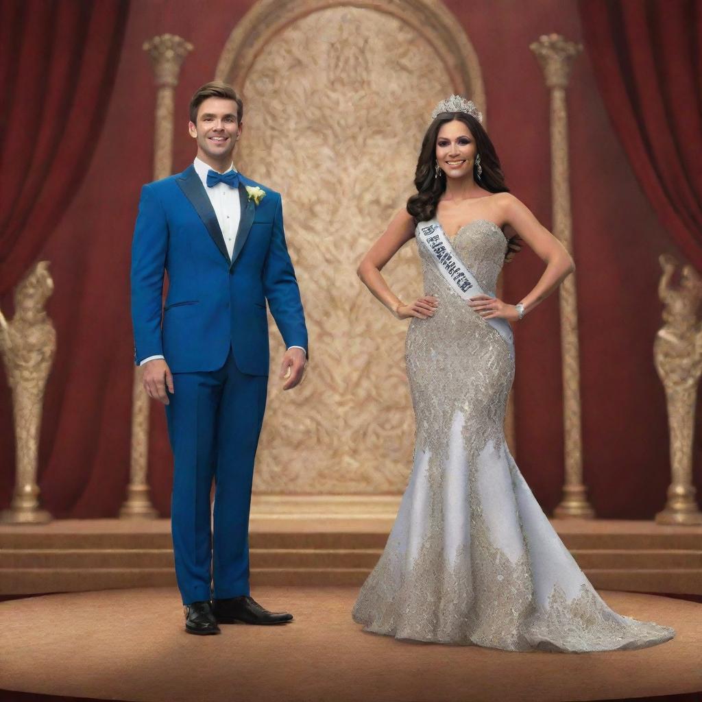 A 3D representation of a male and female, the victorious Mr. and Ms. Pageant winners, standing back-to-back on an ornate stage. They stand alone, their triumphant postures showcasing the essence of their glorious victory.