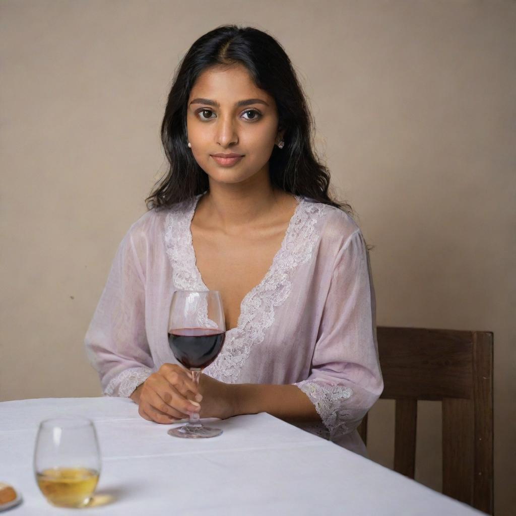 An Indian girl sitting at a table with a glass of wine, dressed in a comfortable nighty.