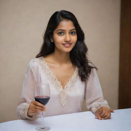 An Indian girl sitting at a table with a glass of wine, dressed in a comfortable nighty.