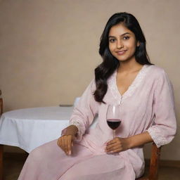 An Indian girl sitting at a table with a glass of wine, dressed in a comfortable nighty.