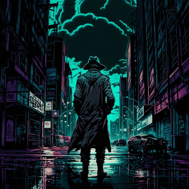 A dark, edgy scene in a dystopian city with neon lights, a mysterious figure, and a gritty atmosphere.