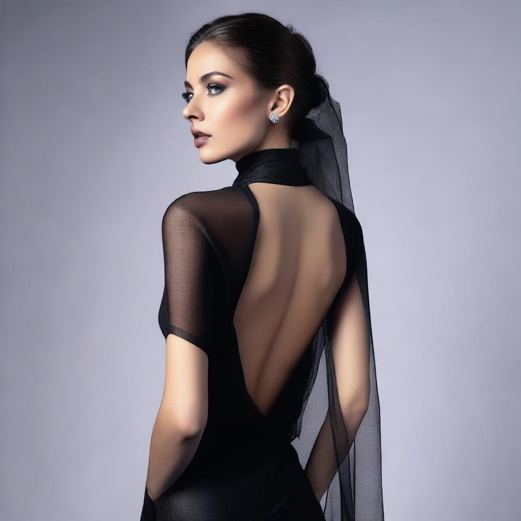 A high-resolution studio photo in 4K of a young woman in a black, tight-fitting, closed dress with a high slit standing with her back to the viewer, slightly turned to the side