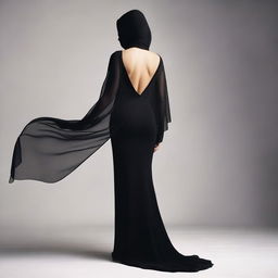 A high-resolution studio photo in 4K of a young woman in a black, tight-fitting, closed dress with a high slit standing with her back to the viewer, slightly turned to the side