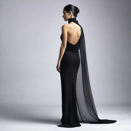 A high-resolution studio photo in 4K of a young woman in a black, tight-fitting, closed dress with a high slit standing with her back to the viewer, slightly turned to the side