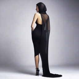 A high-resolution studio photo in 4K of a young woman in a black, tight-fitting, closed dress with a high slit standing with her back to the viewer, slightly turned to the side