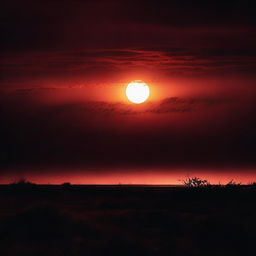 A dark and ominous scene of a setting sun with an eerie, blood-red sky